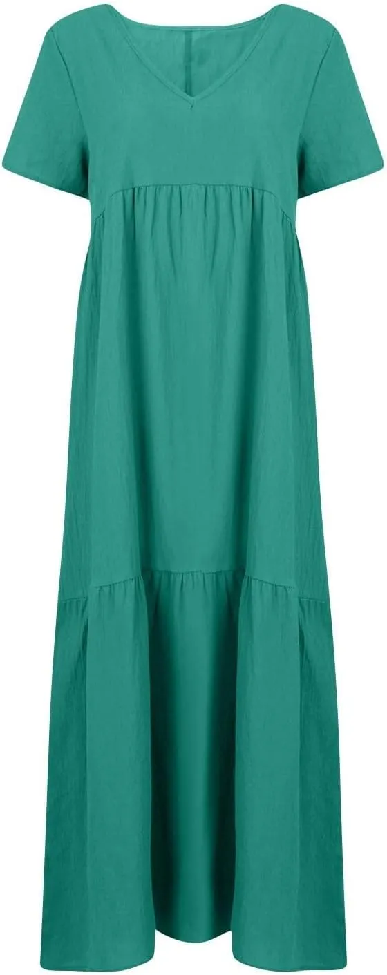 Womens Maxi Dress Summer V Neck Short Sleeve Dresses Plus Size Casual Loose Pleated Vacation Sundress Flowy Dresses