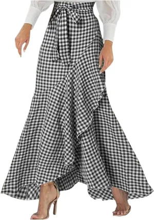 Women's Mermaid Maxi Skirt Summer Fashion Tie Waist Irregular Ruffle Hem Beach Skirts Casual Wrap Party Long Skorts