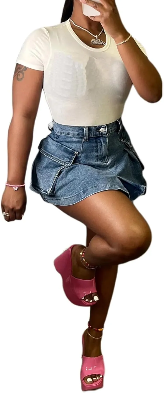 Women's Mini Jean Skirts Slit Bodycon Denim Skirt with Pockets Summer Vintage Streetwear