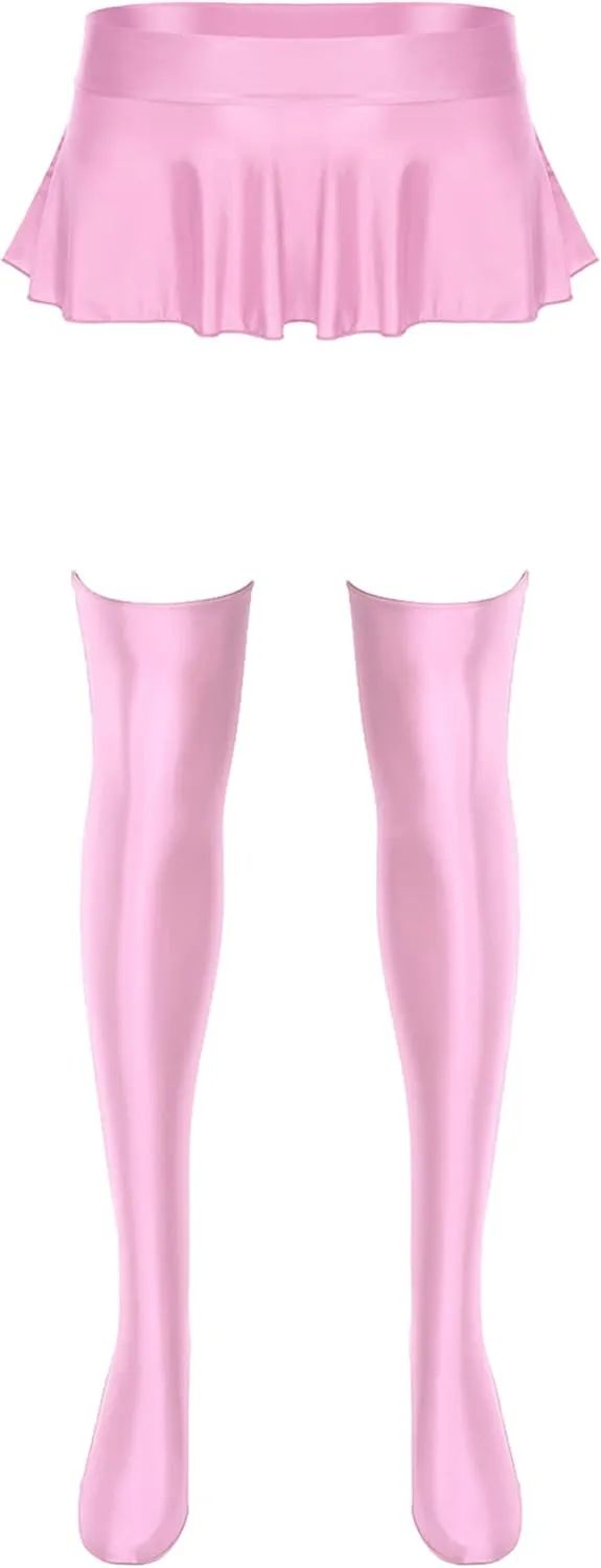 Women's Oil Shiny Smooth Ruffled Pleated Mini Skirts Slim Stockings Bodycon Skirts Dance Set