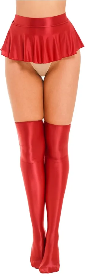 Women's Oil Shiny Smooth Ruffled Pleated Mini Skirts Slim Stockings Bodycon Skirts Dance Set