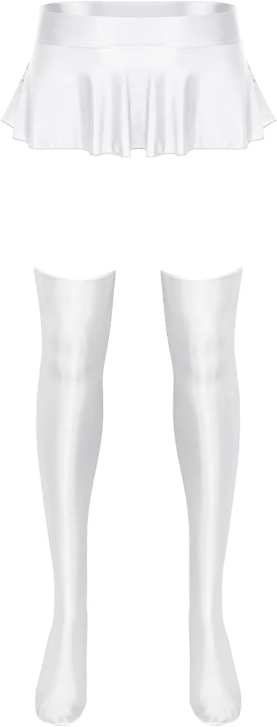 Women's Oil Shiny Smooth Ruffled Pleated Mini Skirts Slim Stockings Bodycon Skirts Dance Set