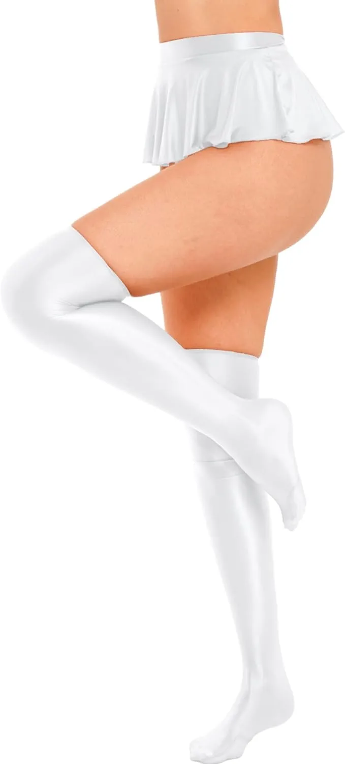 Women's Oil Shiny Smooth Ruffled Pleated Mini Skirts Slim Stockings Bodycon Skirts Dance Set