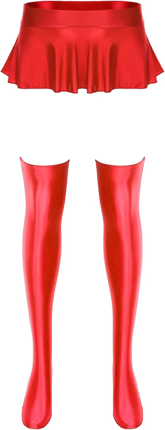 Women's Oil Shiny Smooth Ruffled Pleated Mini Skirts Slim Stockings Bodycon Skirts Dance Set