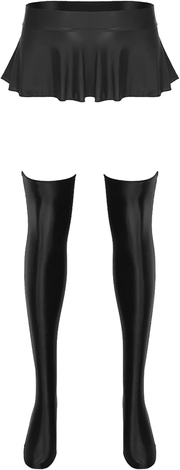 Women's Oil Shiny Smooth Ruffled Pleated Mini Skirts Slim Stockings Bodycon Skirts Dance Set