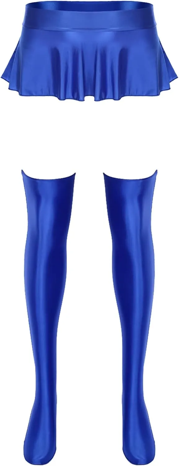 Women's Oil Shiny Smooth Ruffled Pleated Mini Skirts Slim Stockings Bodycon Skirts Dance Set