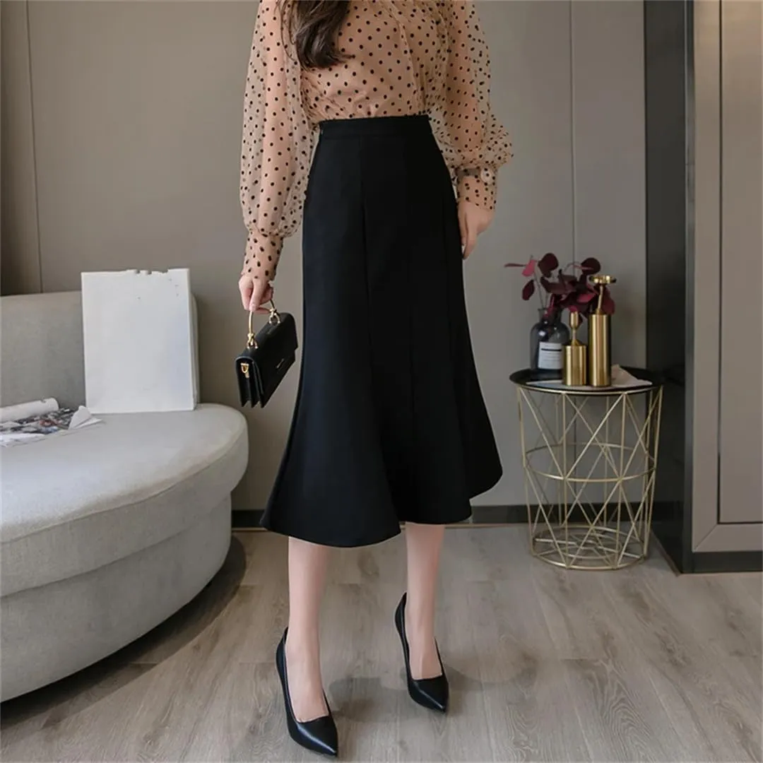 Women's Patchwork Fishtail Elegant High Waist Mid Length Solid Color A-Line Skirts