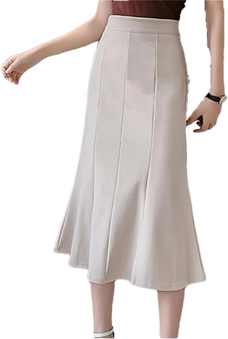 Women's Patchwork Fishtail Elegant High Waist Mid Length Solid Color A-Line Skirts