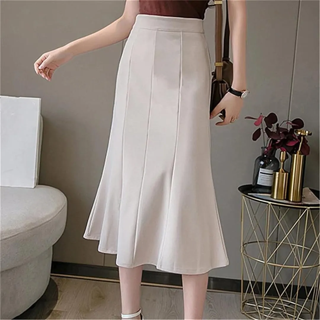 Women's Patchwork Fishtail Elegant High Waist Mid Length Solid Color A-Line Skirts