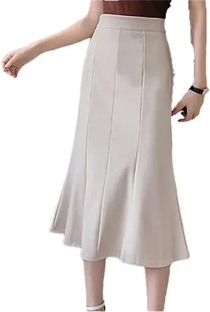 Women's Patchwork Fishtail Elegant High Waist Mid Length Solid Color A-Line Skirts