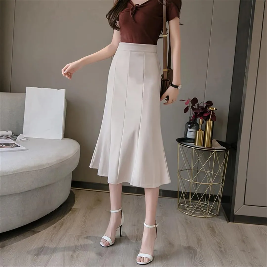 Women's Patchwork Fishtail Elegant High Waist Mid Length Solid Color A-Line Skirts