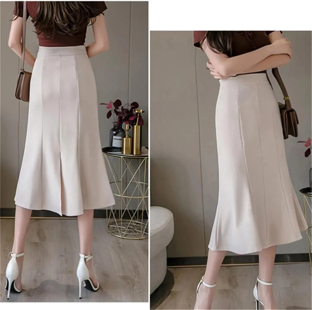 Women's Patchwork Fishtail Elegant High Waist Mid Length Solid Color A-Line Skirts