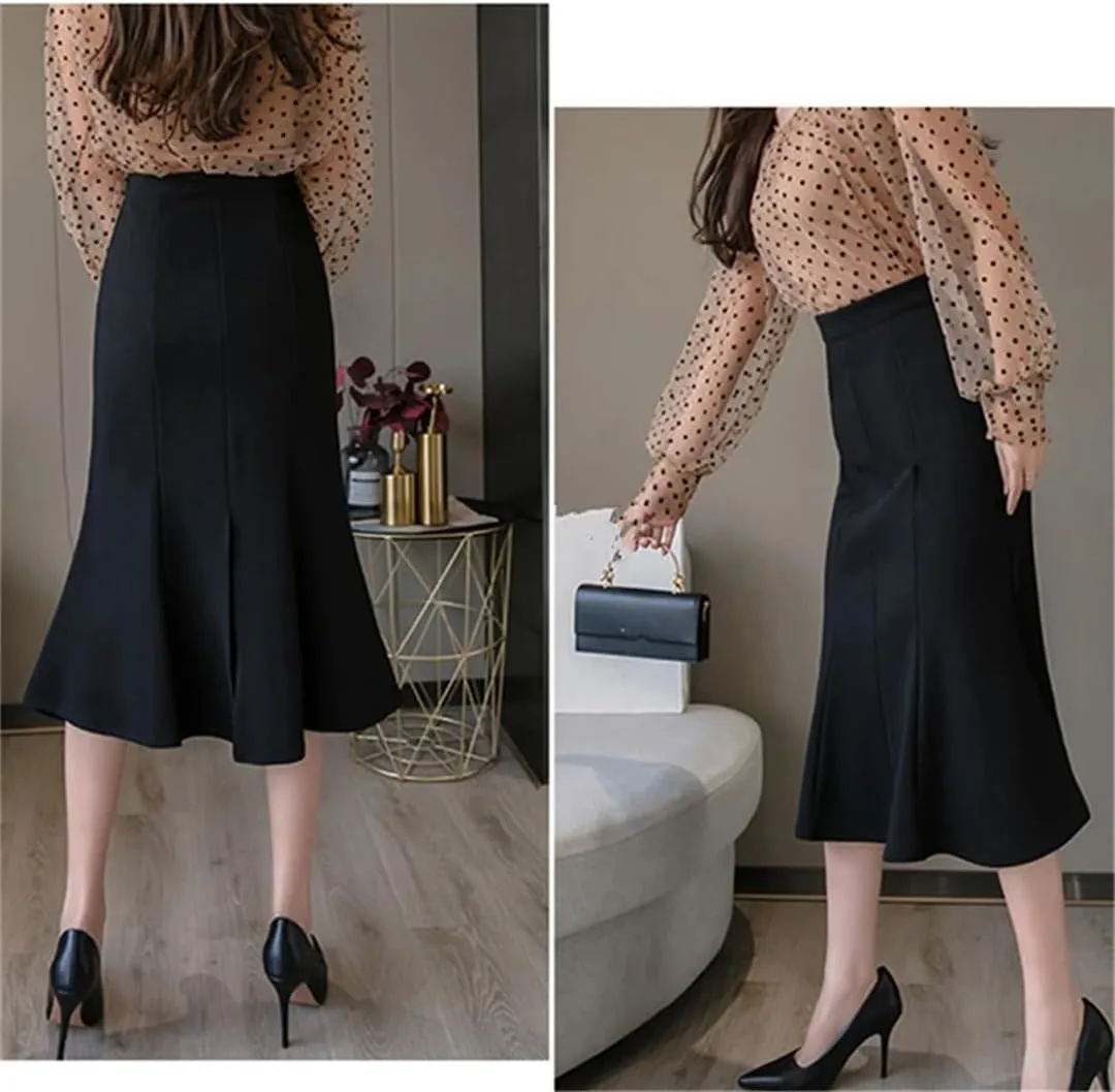 Women's Patchwork Fishtail Elegant High Waist Mid Length Solid Color A-Line Skirts