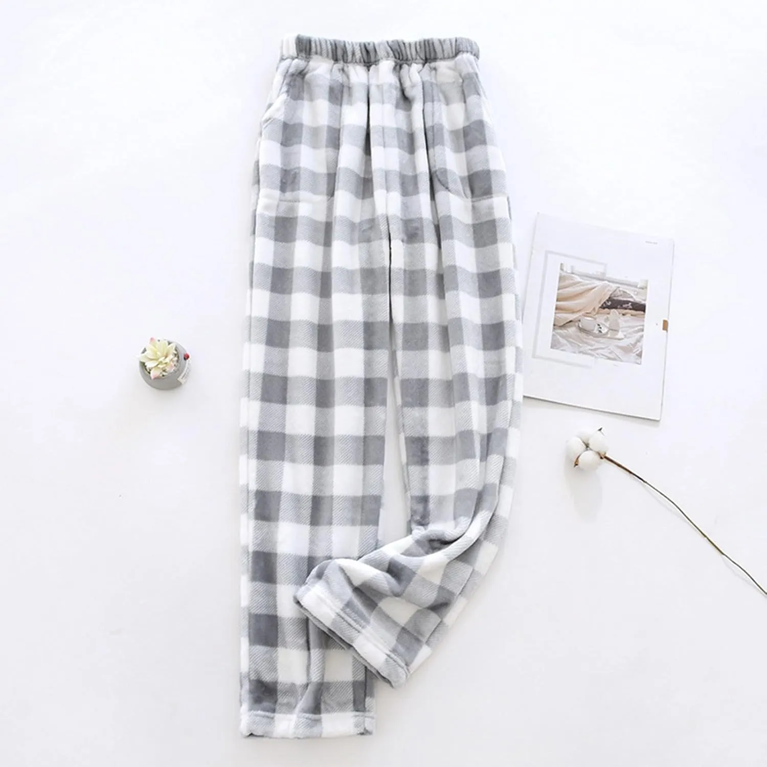 Womens Plaid Flannel Pajama Pants Elastic High Waist Sleepwear Fleece Pajama Bottoms Woven Knitted Pants