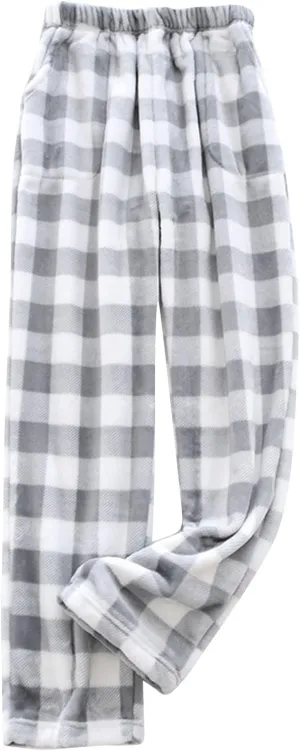 Womens Plaid Flannel Pajama Pants Elastic High Waist Sleepwear Fleece Pajama Bottoms Woven Knitted Pants