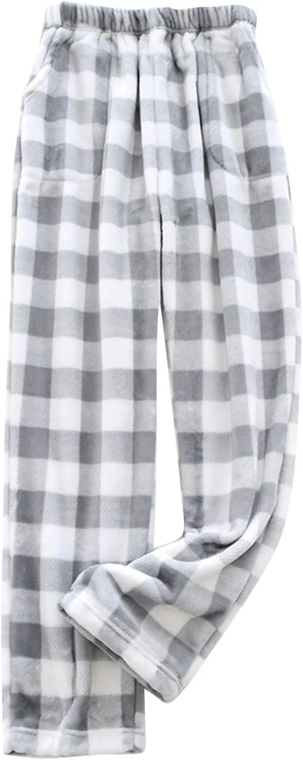 Womens Plaid Flannel Pajama Pants Elastic High Waist Sleepwear Fleece Pajama Bottoms Woven Knitted Pants
