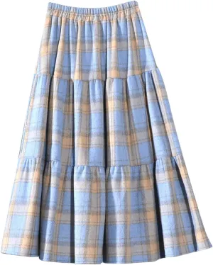 Women's Plaid Skirt Elastic High Waist Wool Skirts Trendy A Line Tiered Ruffle Swing Skirt Casual Loose Long Skirts
