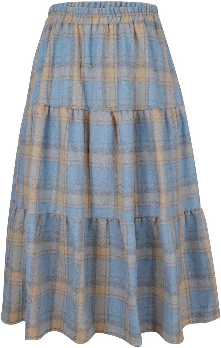 Women's Plaid Skirt Elastic High Waist Wool Skirts Trendy A Line Tiered Ruffle Swing Skirt Casual Loose Long Skirts
