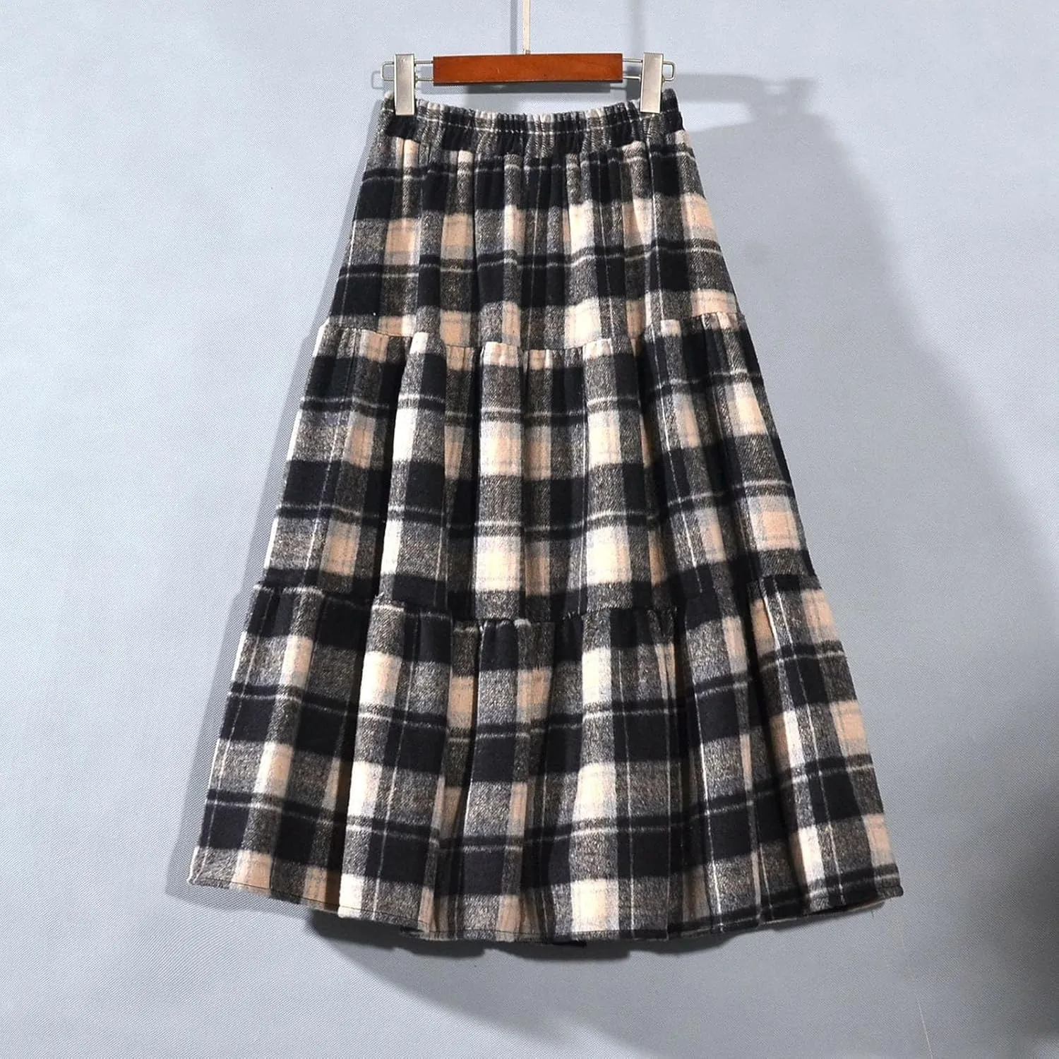 Women's Plaid Skirt Elastic High Waist Wool Skirts Trendy A Line Tiered Ruffle Swing Skirt Casual Loose Long Skirts