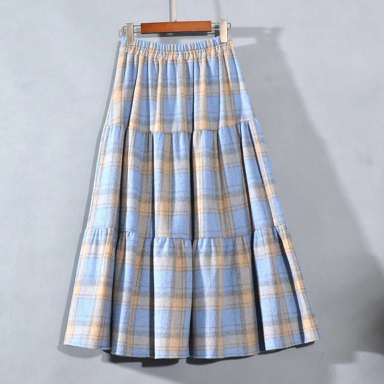 Women's Plaid Skirt Elastic High Waist Wool Skirts Trendy A Line Tiered Ruffle Swing Skirt Casual Loose Long Skirts