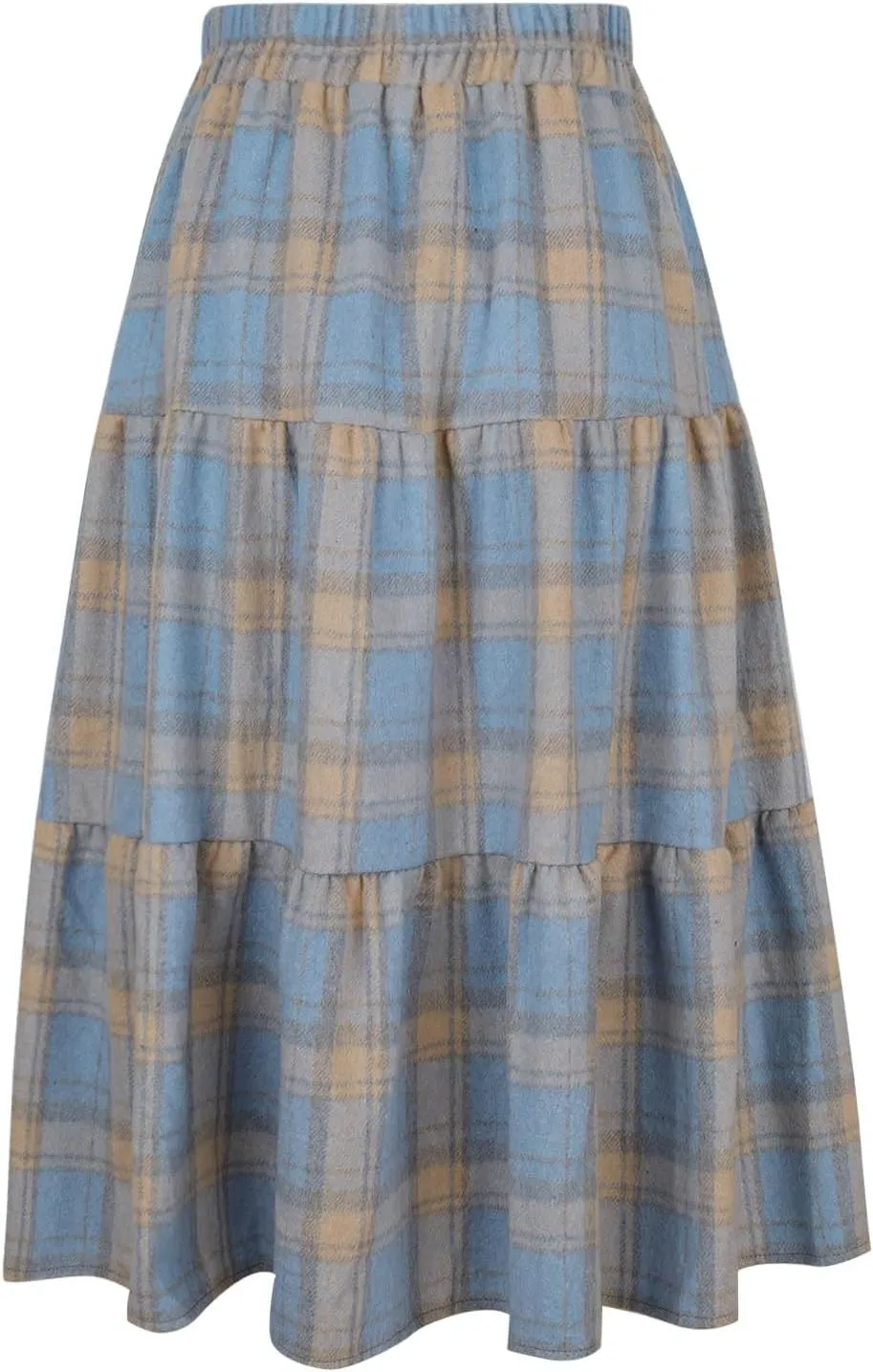 Women's Plaid Skirt Elastic High Waist Wool Skirts Trendy A Line Tiered Ruffle Swing Skirt Casual Loose Long Skirts