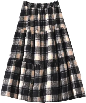 Women's Plaid Skirt Elastic High Waist Wool Skirts Trendy A Line Tiered Ruffle Swing Skirt Casual Loose Long Skirts