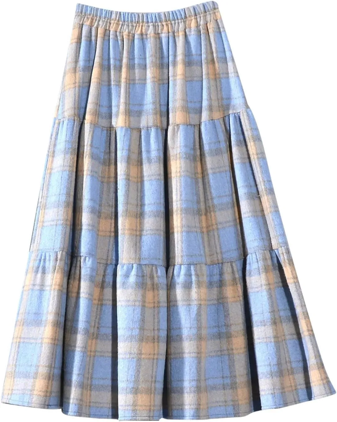 Women's Plaid Skirt Elastic High Waist Wool Skirts Trendy A Line Tiered Ruffle Swing Skirt Casual Loose Long Skirts