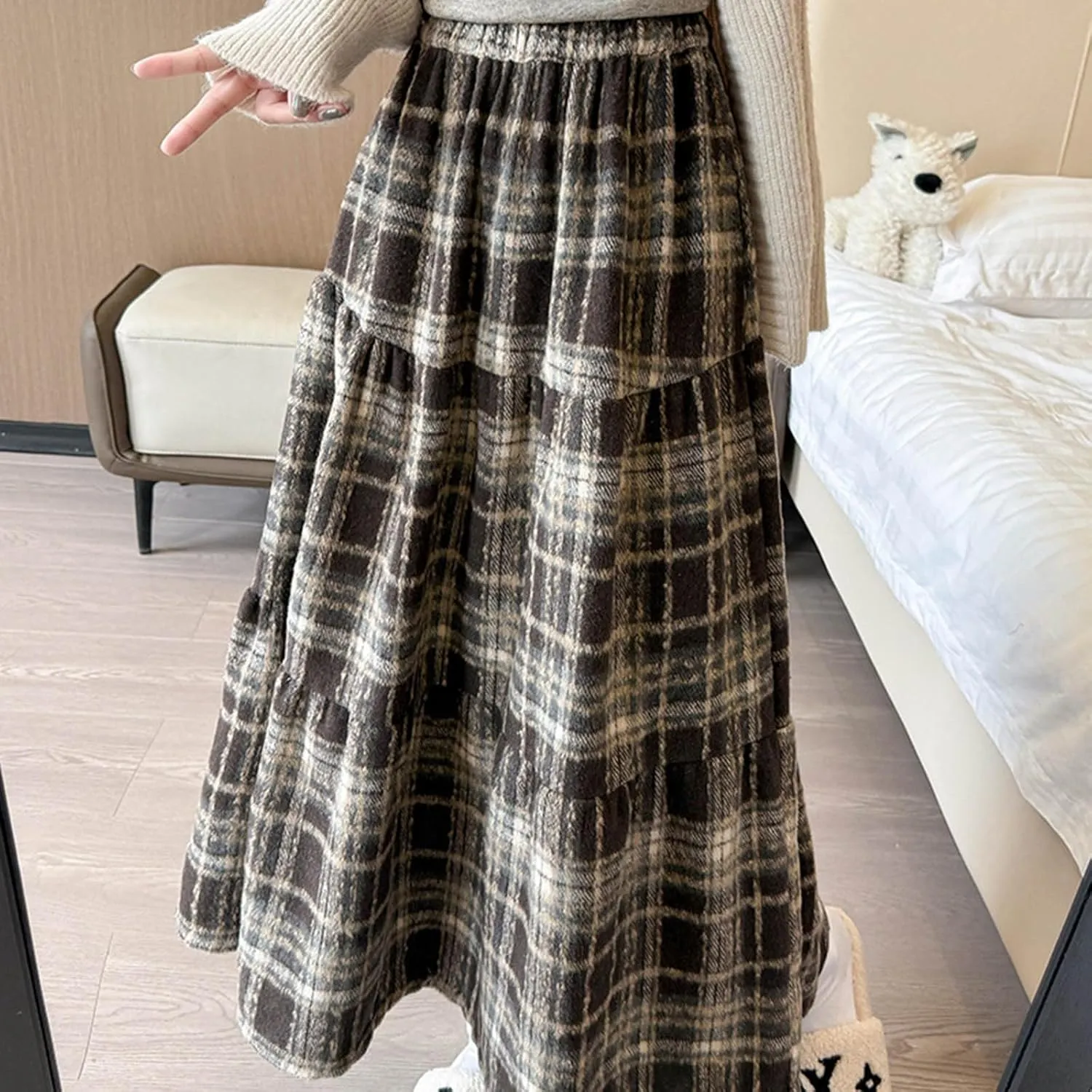 Women's Plaid Skirt Elastic Waist A-line Midi Pleated Skirts 2025 Trendy Ruffle Swing Skirt Casual Loose Long Skirts