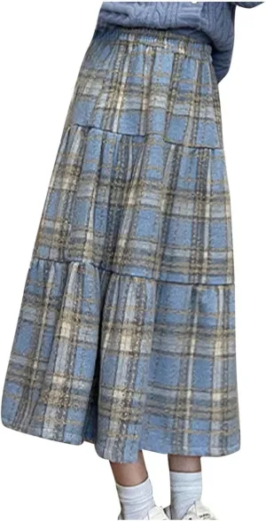 Women's Plaid Skirt Elastic Waist A-line Midi Pleated Skirts 2025 Trendy Ruffle Swing Skirt Casual Loose Long Skirts