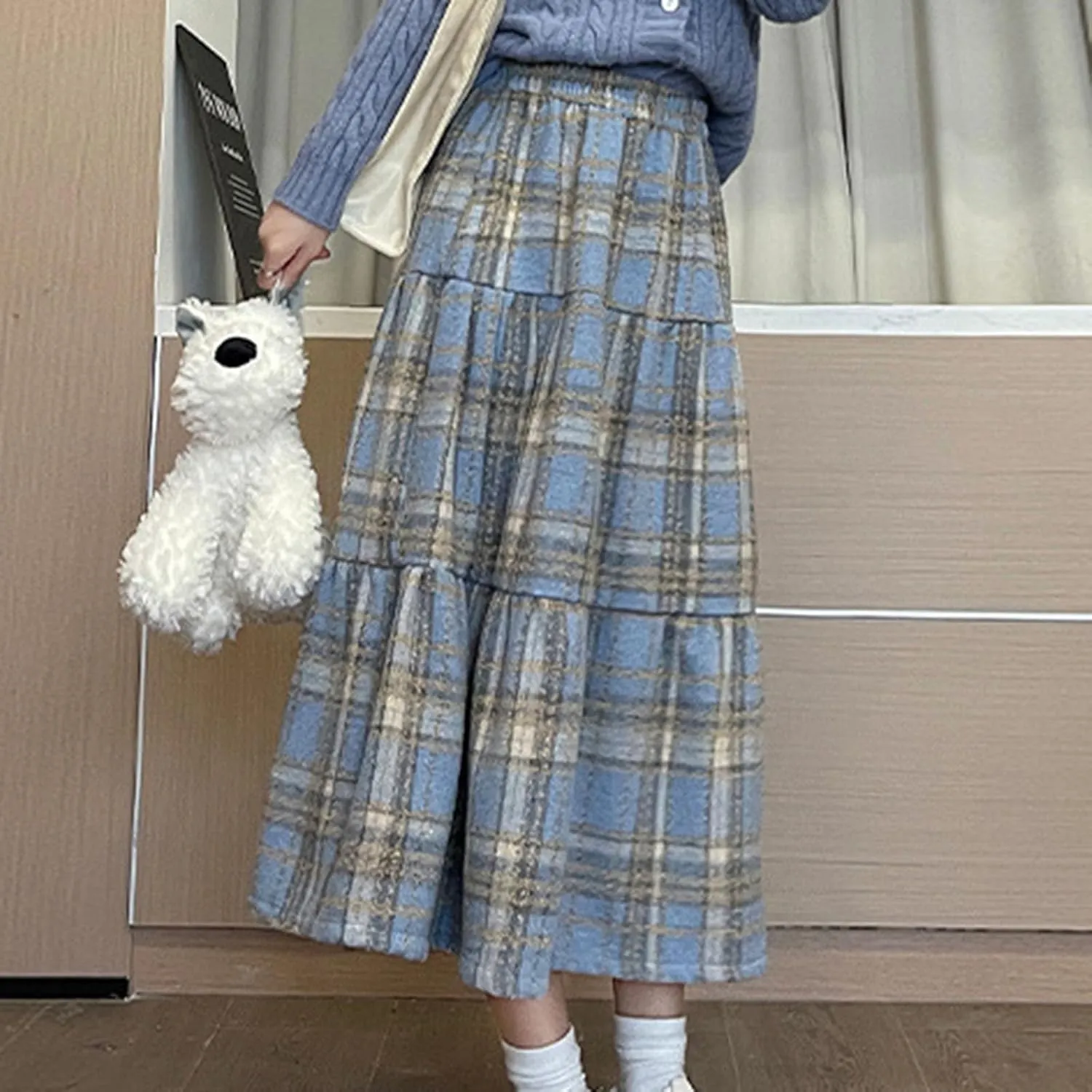 Women's Plaid Skirt Elastic Waist A-line Midi Pleated Skirts 2025 Trendy Ruffle Swing Skirt Casual Loose Long Skirts