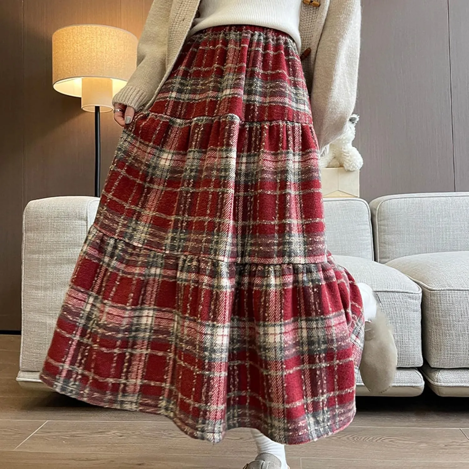 Women's Plaid Skirt Elastic Waist A-line Midi Pleated Skirts 2025 Trendy Ruffle Swing Skirt Casual Loose Long Skirts