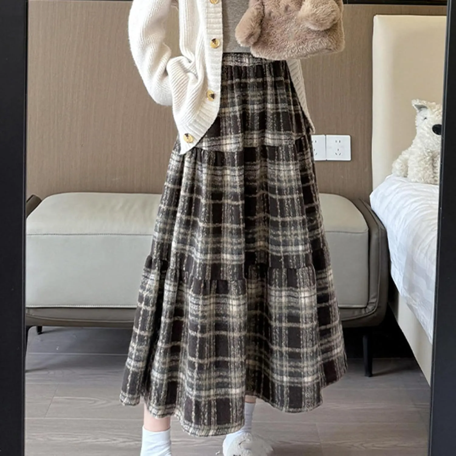 Women's Plaid Skirt Elastic Waist A-line Midi Pleated Skirts 2025 Trendy Ruffle Swing Skirt Casual Loose Long Skirts