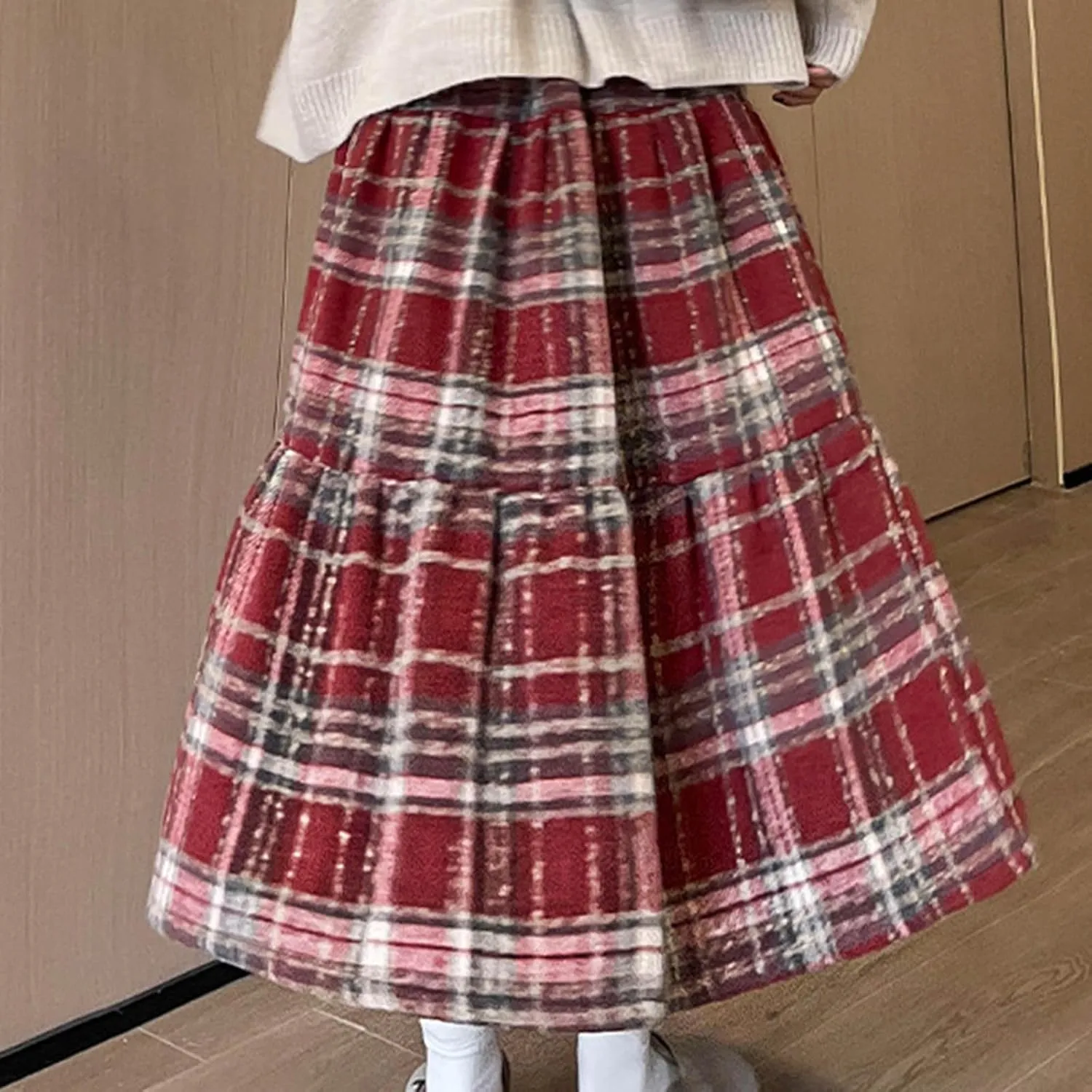 Women's Plaid Skirt Elastic Waist A-line Midi Pleated Skirts 2025 Trendy Ruffle Swing Skirt Casual Loose Long Skirts