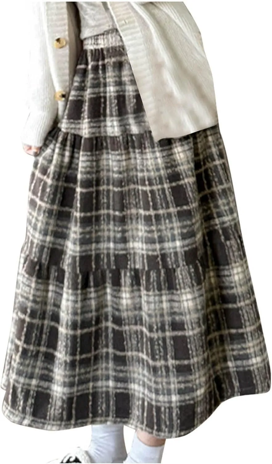 Women's Plaid Skirt Elastic Waist A-line Midi Pleated Skirts 2025 Trendy Ruffle Swing Skirt Casual Loose Long Skirts