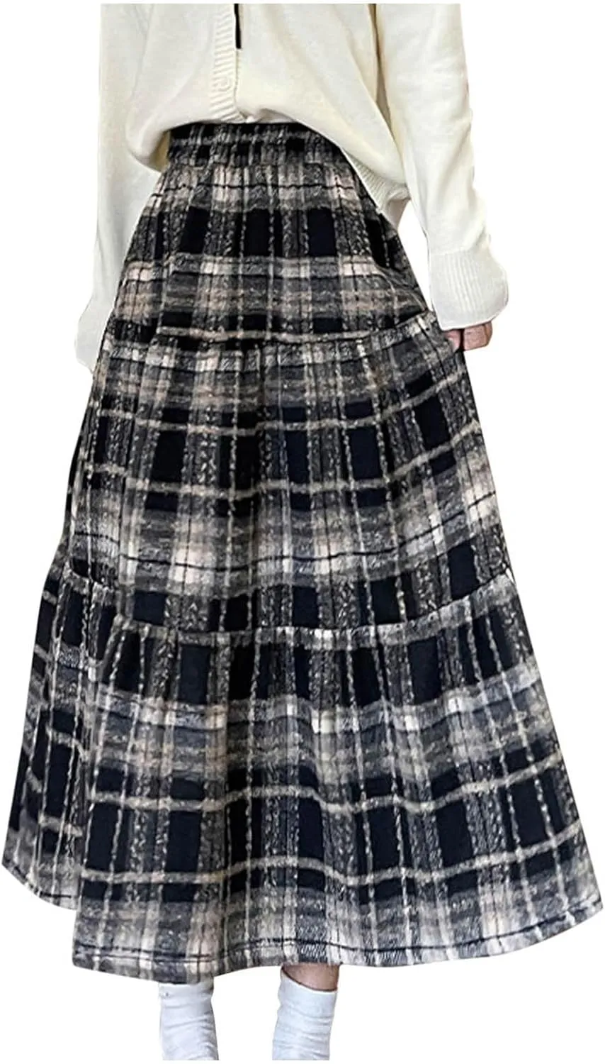 Women's Plaid Skirt Elastic Waist A-line Midi Pleated Skirts 2025 Trendy Ruffle Swing Skirt Casual Loose Long Skirts