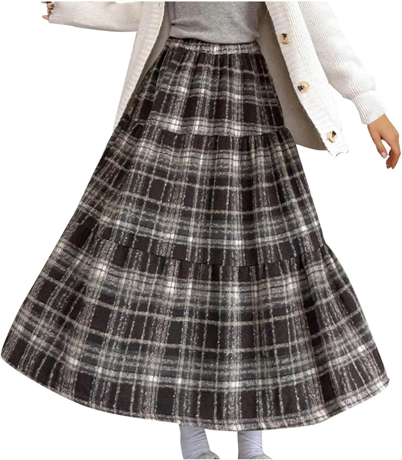 Women's Plaid Skirt Elastic Waist A-line Midi Pleated Skirts 2025 Trendy Ruffle Swing Skirt Casual Loose Long Skirts