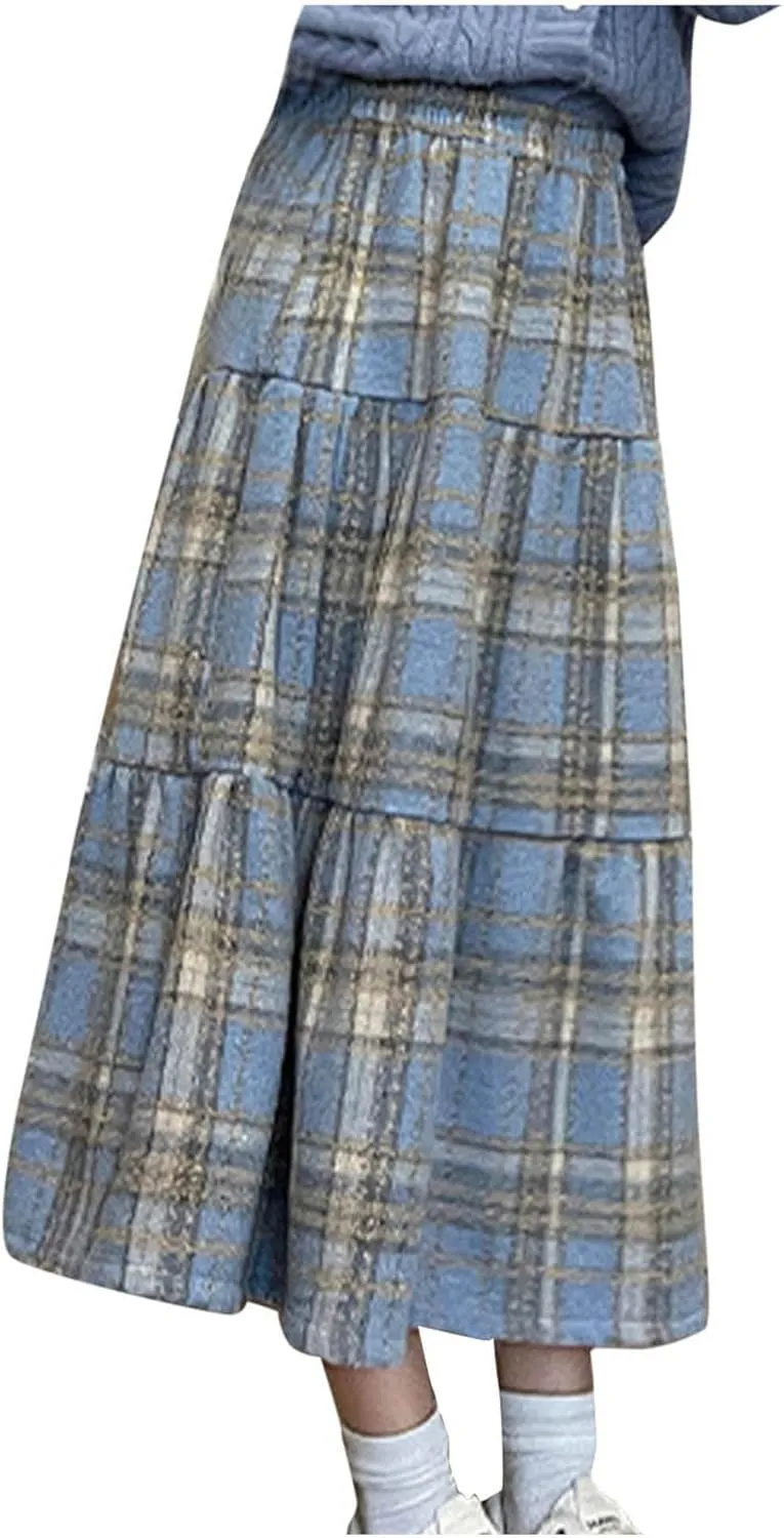 Women's Plaid Skirt Elastic Waist A-line Midi Pleated Skirts 2025 Trendy Ruffle Swing Skirt Casual Loose Long Skirts
