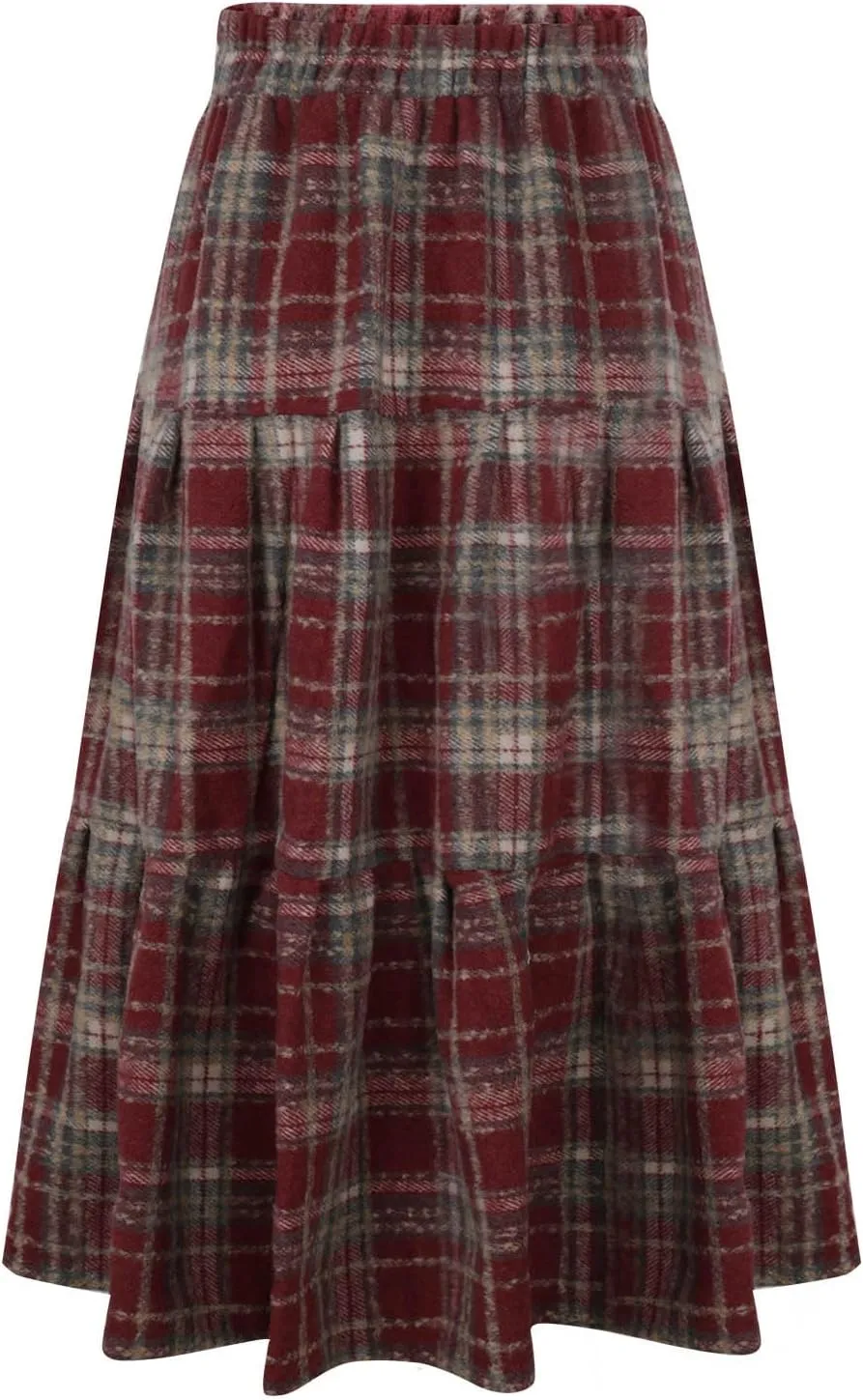 Women's Plaid Skirt Elastic Waist A-line Midi Pleated Skirts 2025 Trendy Ruffle Swing Skirt Casual Loose Long Skirts