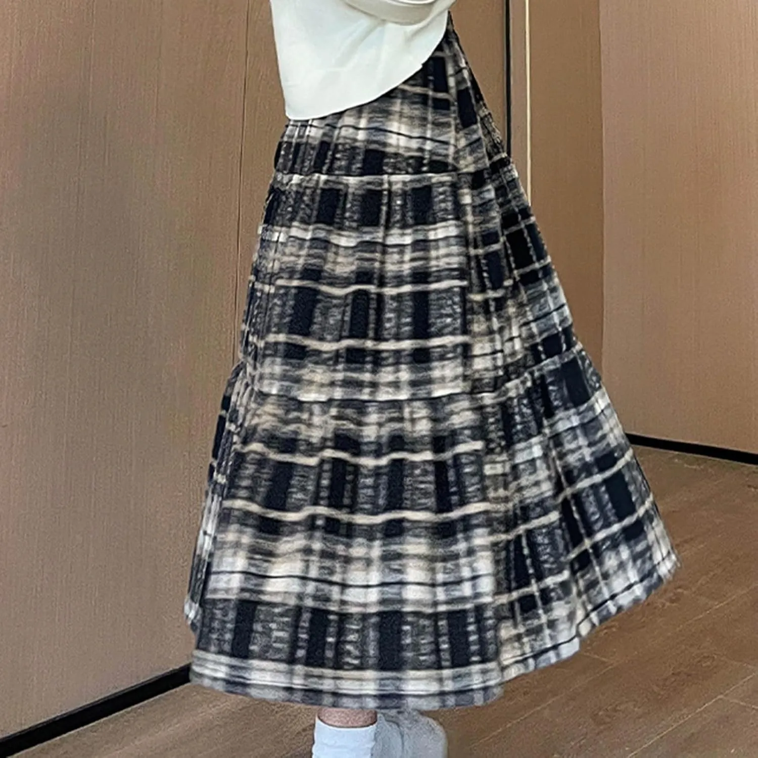 Women's Plaid Skirt Elastic Waist A-line Midi Pleated Skirts 2025 Trendy Ruffle Swing Skirt Casual Loose Long Skirts