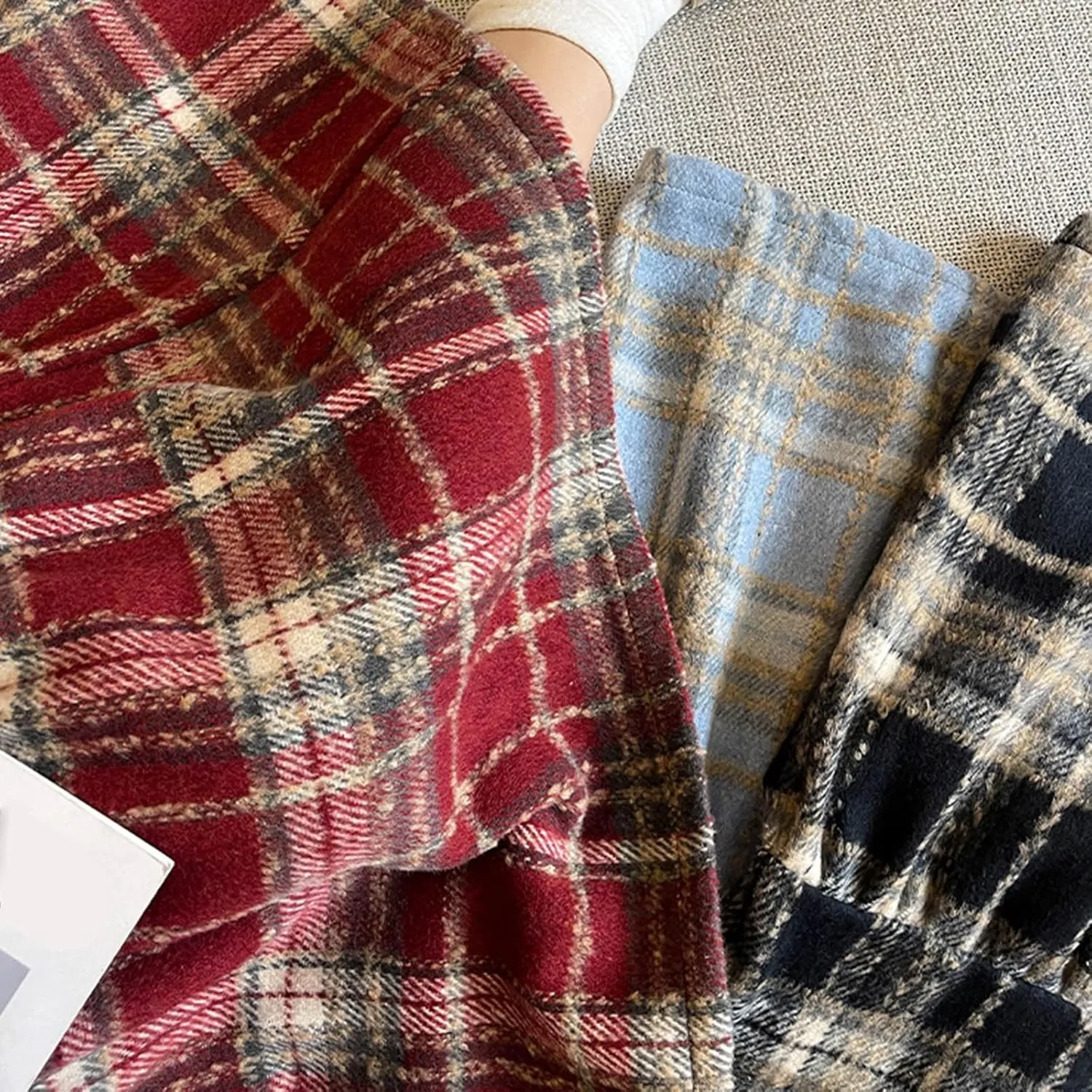 Women's Plaid Skirt Elastic Waist A-line Midi Pleated Skirts 2025 Trendy Ruffle Swing Skirt Casual Loose Long Skirts