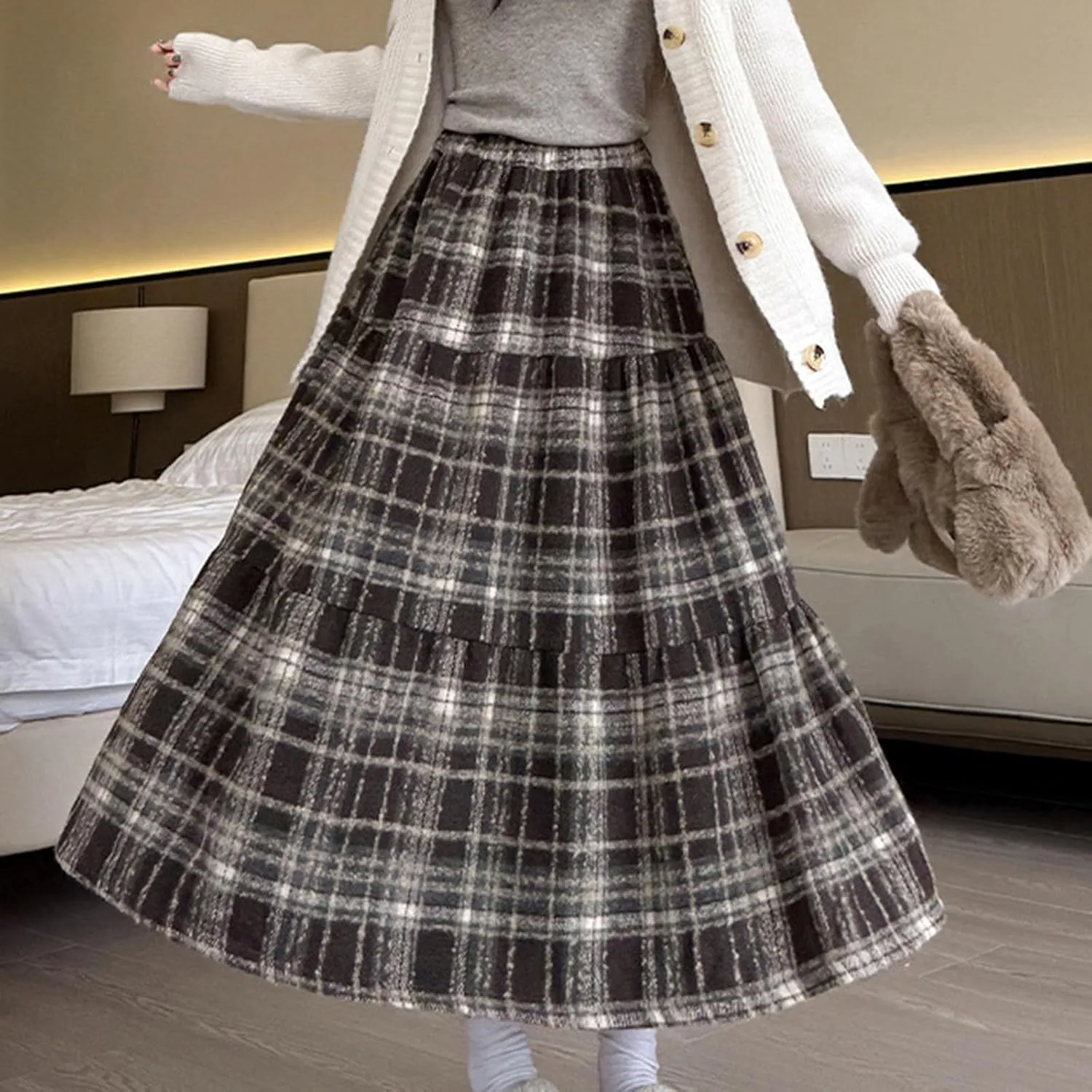 Women's Plaid Skirt Elastic Waist A-line Midi Pleated Skirts 2025 Trendy Ruffle Swing Skirt Casual Loose Long Skirts