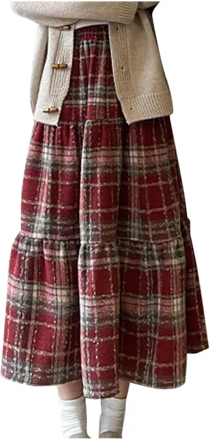 Women's Plaid Skirt Elastic Waist A-line Midi Pleated Skirts 2025 Trendy Ruffle Swing Skirt Casual Loose Long Skirts