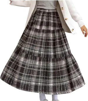 Women's Plaid Skirt Elastic Waist A-line Midi Pleated Skirts 2025 Trendy Ruffle Swing Skirt Casual Loose Long Skirts