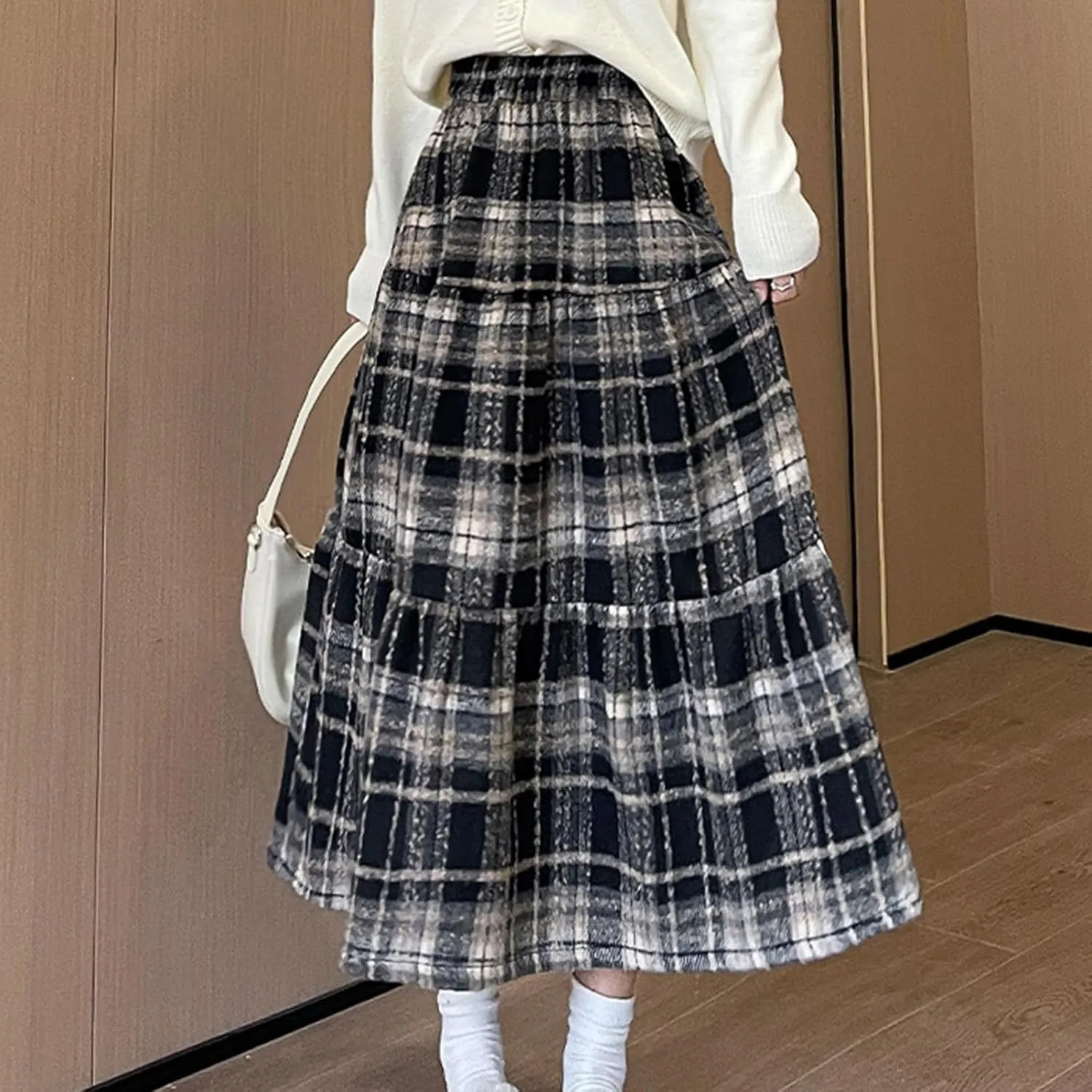Women's Plaid Skirt Elastic Waist A-line Midi Pleated Skirts 2025 Trendy Ruffle Swing Skirt Casual Loose Long Skirts