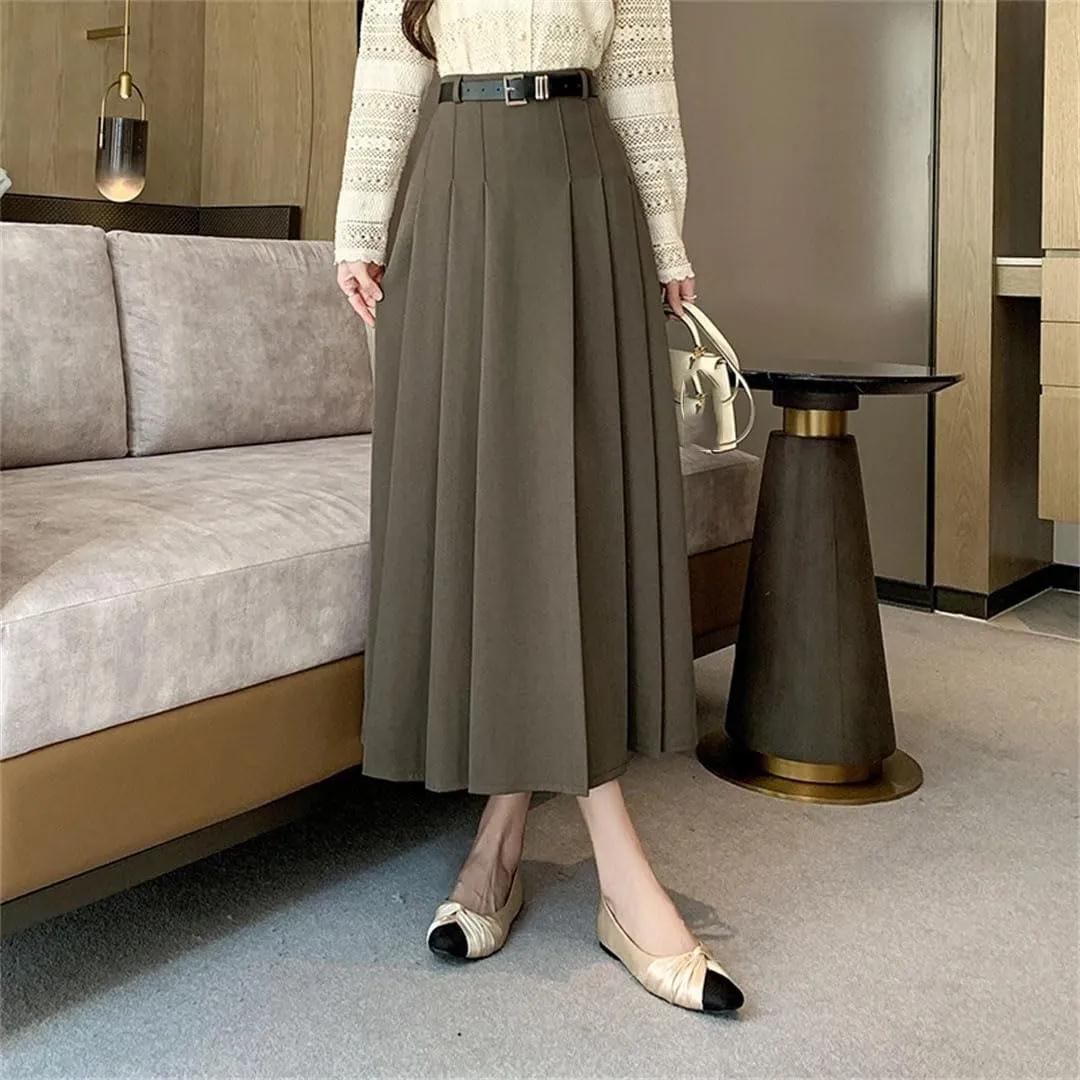 Women's Pleated Solid Color High Waist Casual Mid Length A-Line Skirts