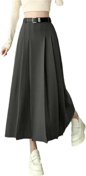 Women's Pleated Solid Color High Waist Casual Mid Length A-Line Skirts