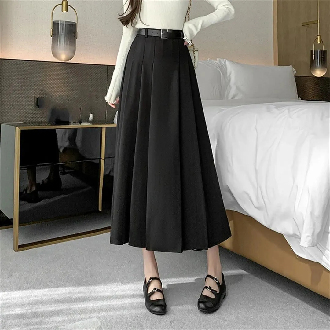 Women's Pleated Solid Color High Waist Casual Mid Length A-Line Skirts