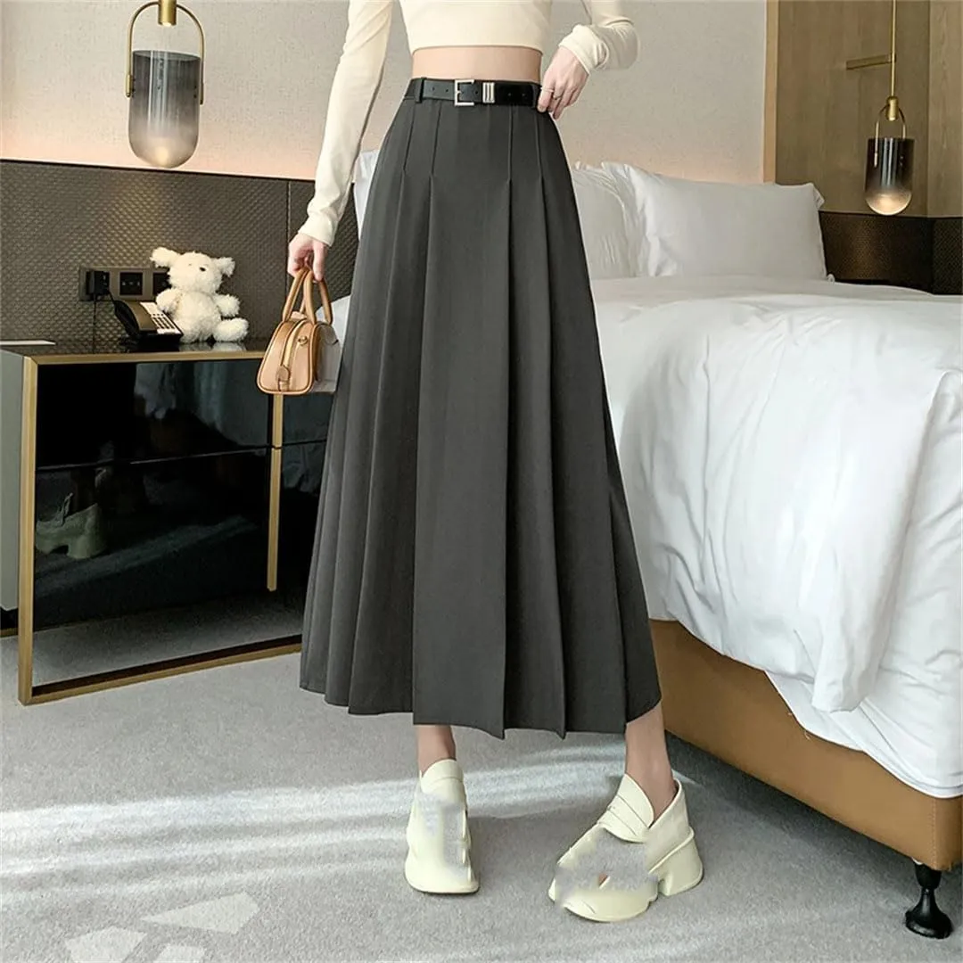 Women's Pleated Solid Color High Waist Casual Mid Length A-Line Skirts