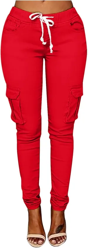 Womens Plus Size Butt Lifting Leggings Slim Fit Stretch Drawstring Cargo Joggers Yoga Sweatpants with Multi Pockets
