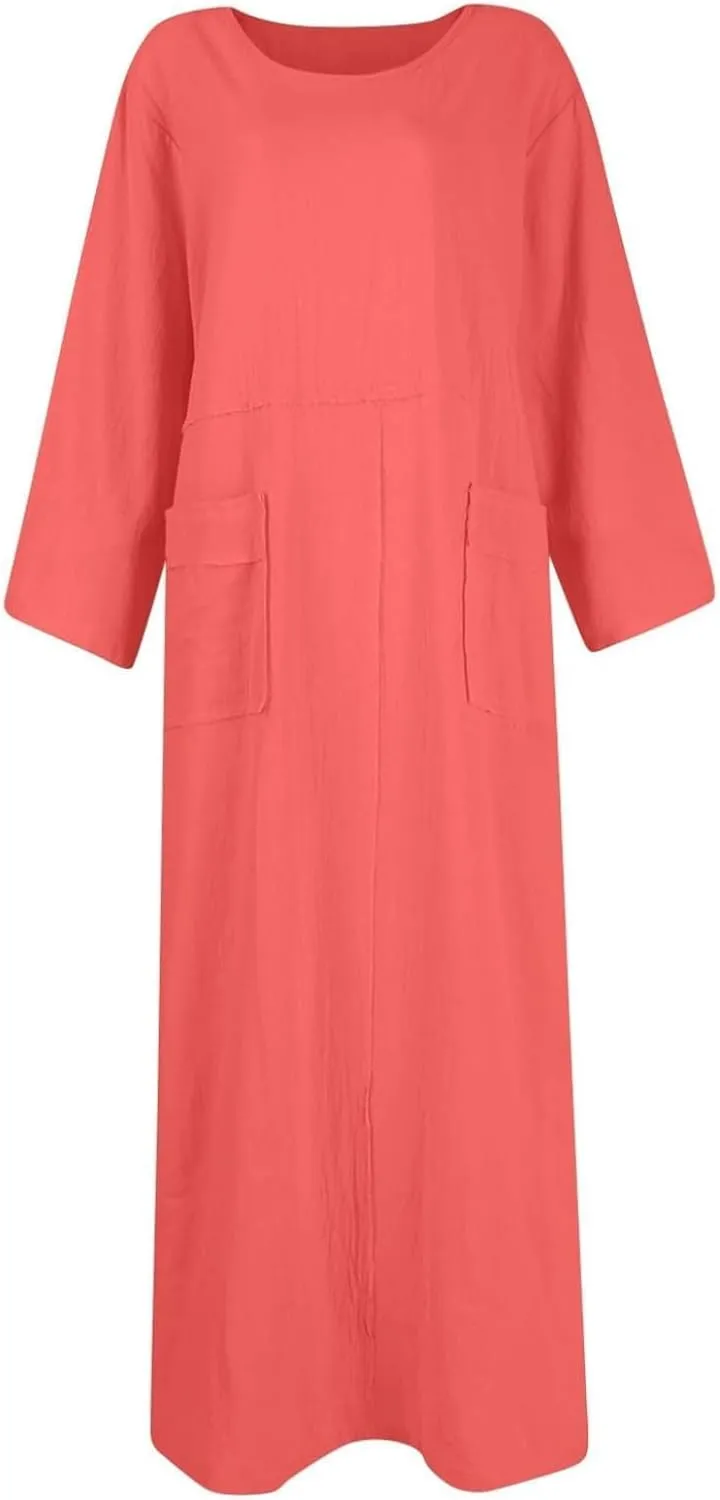 Women's Round Neck Cotton Linen Long Sleeve Dresses Casual Pleated Flowy Maxi Dress Beach Loose Dress with Pocket